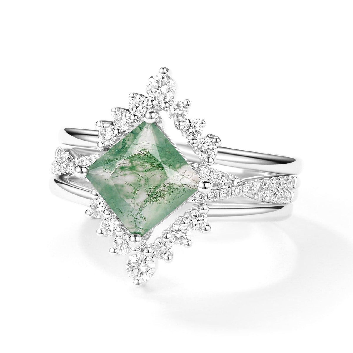 2.0ct Moss Agate Princess Cut Stacking Engagement Ring Set 3pcs.
