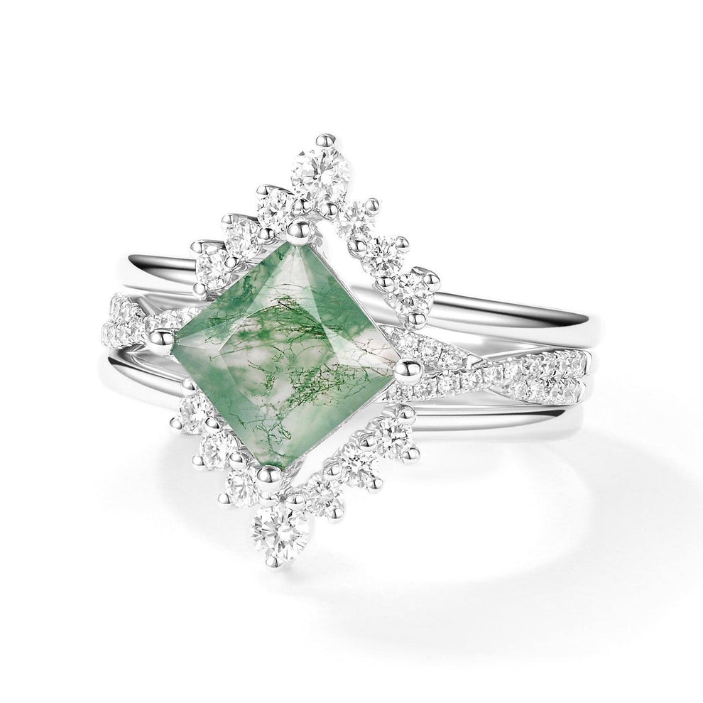 2.0ct Moss Agate Princess Cut Stacking Engagement Ring Set 3pcs.