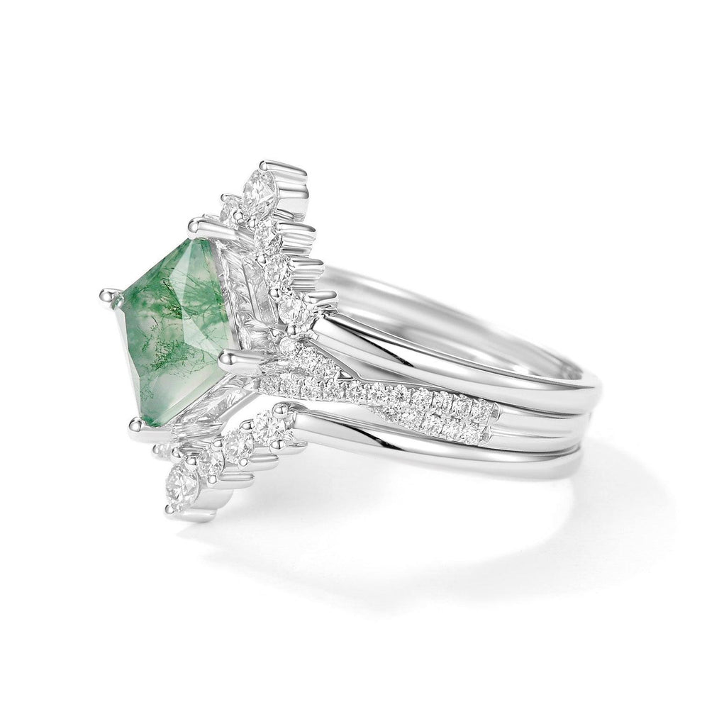 2.0ct Moss Agate Princess Cut Stacking Engagement Ring Set 3pcs.