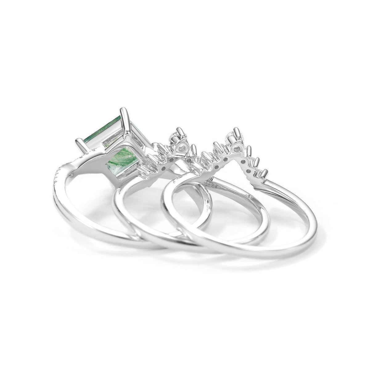 2.0ct Moss Agate Princess Cut Stacking Engagement Ring Set 3pcs.