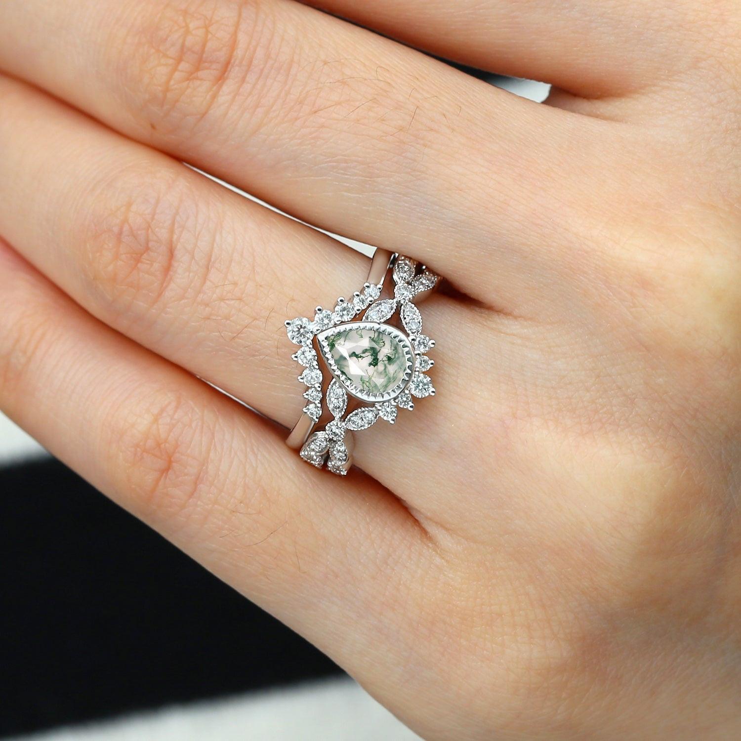 Pear Moss Agate Vintage Infinity Ring Set 2pcs - Vivienne.