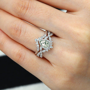 Pear Moss Agate Vintage Infinity Ring Set 2pcs - Vivienne.
