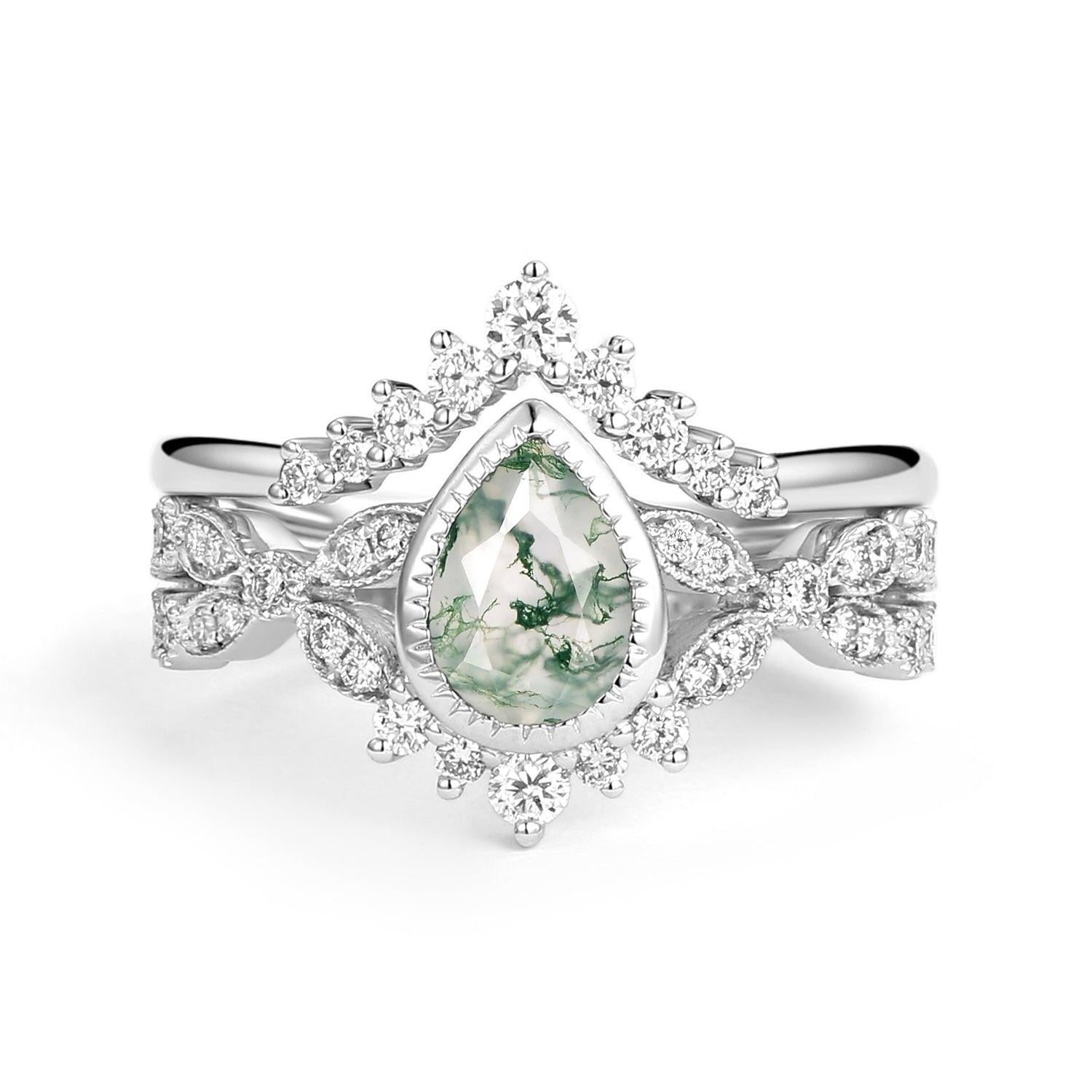 Pear Moss Agate Vintage Infinity Ring Set 2pcs - Vivienne.