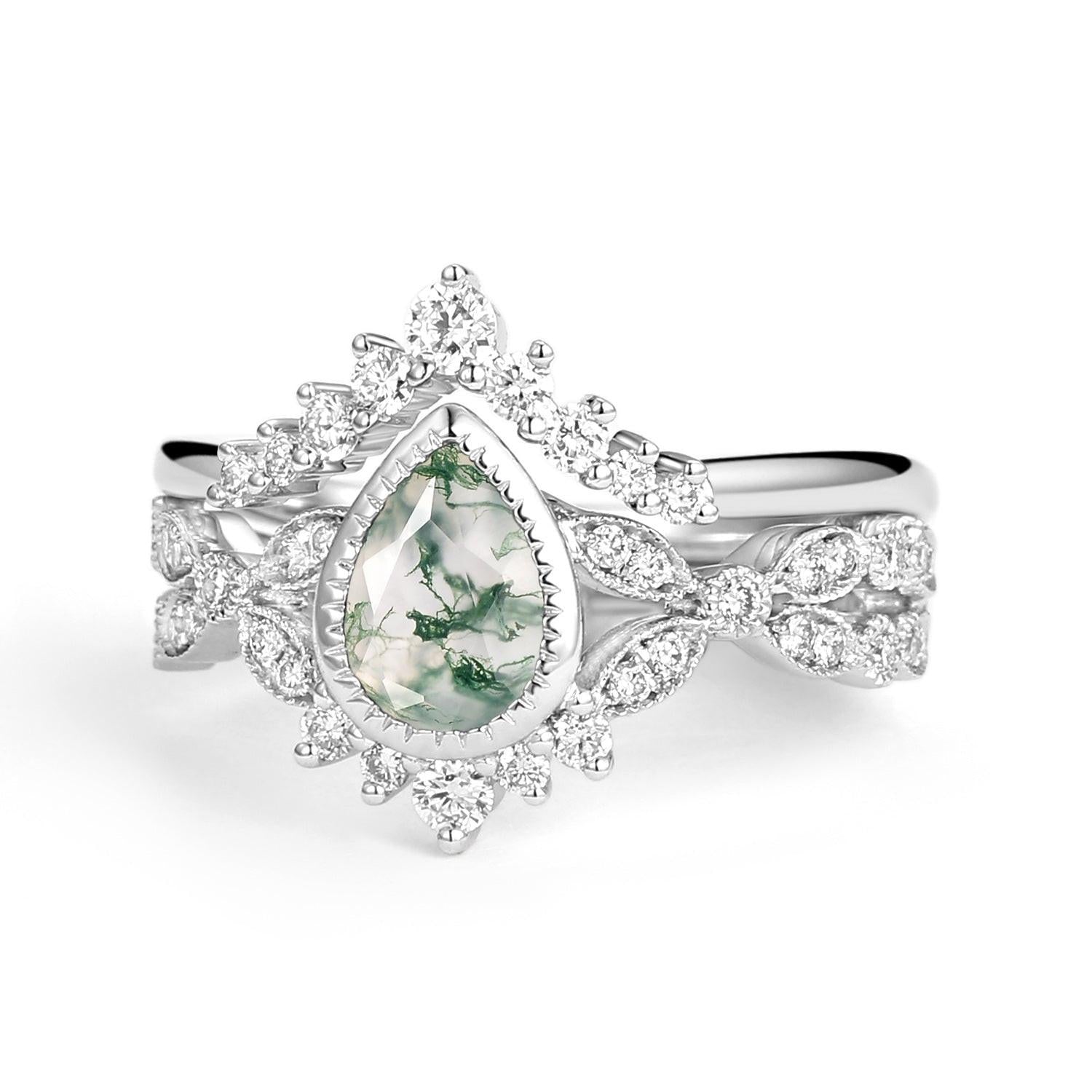 Pear Moss Agate Vintage Infinity Ring Set 2pcs - Vivienne.