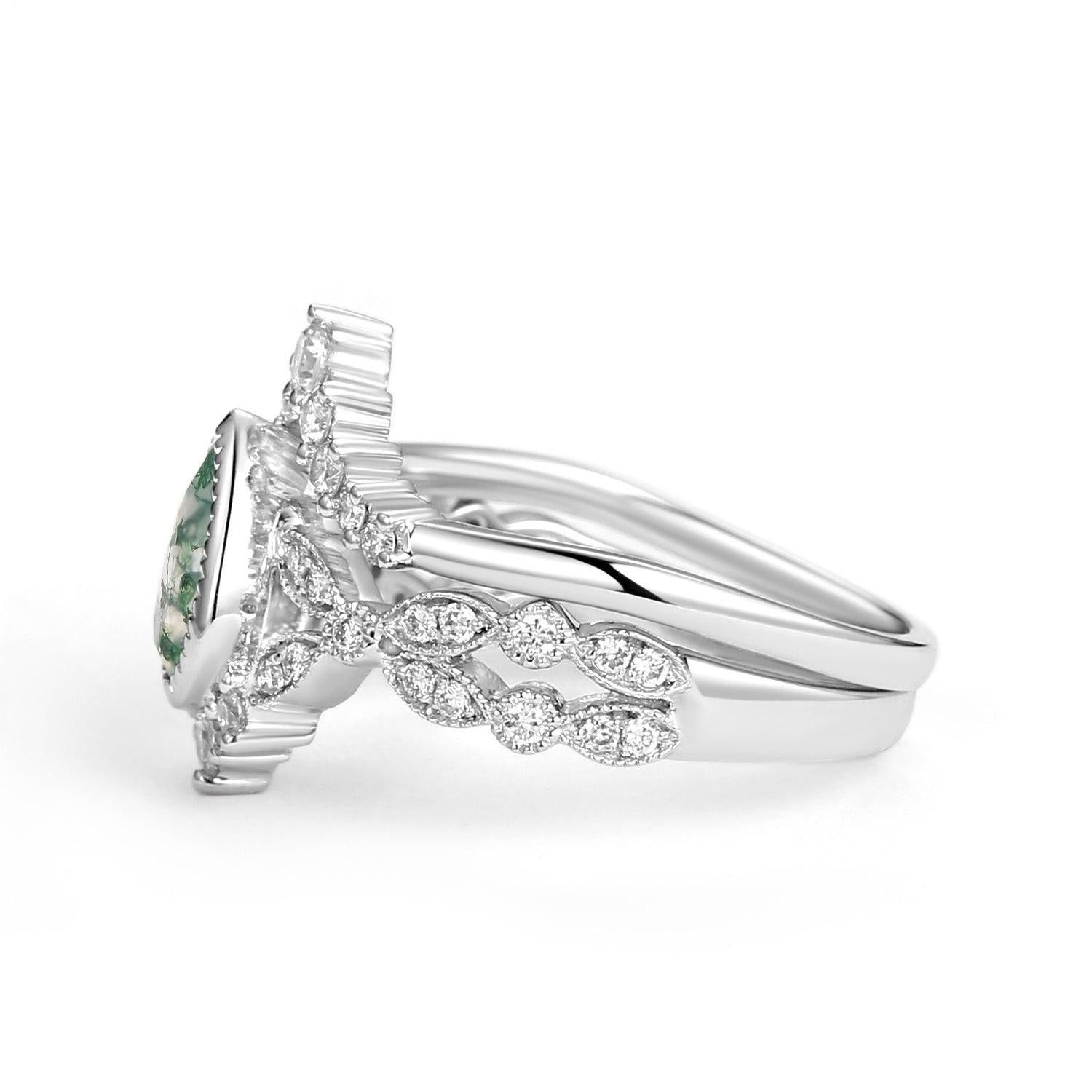 Pear Moss Agate Vintage Infinity Ring Set 2pcs - Vivienne.