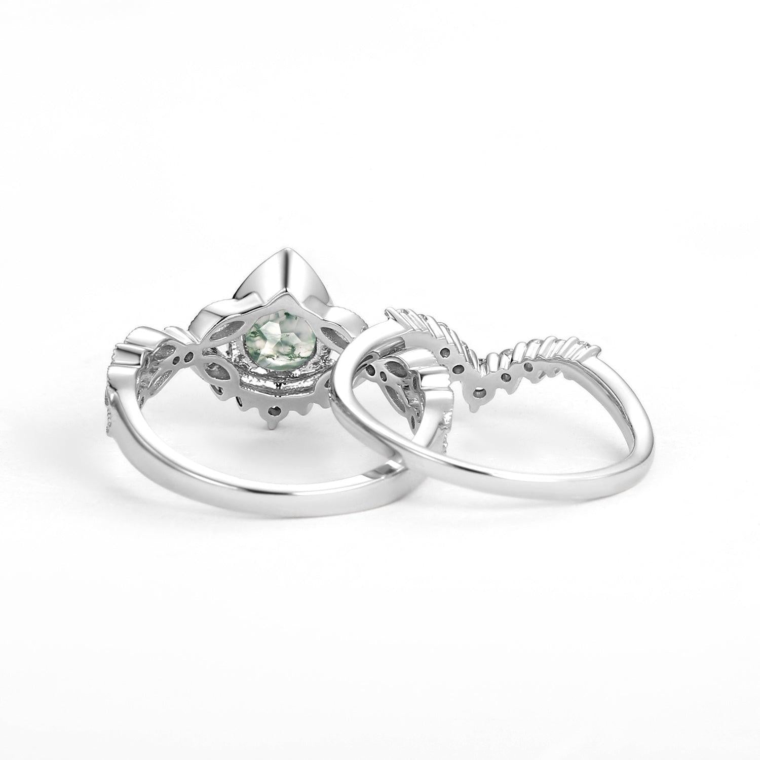 Pear Moss Agate Vintage Infinity Ring Set 2pcs - Vivienne.