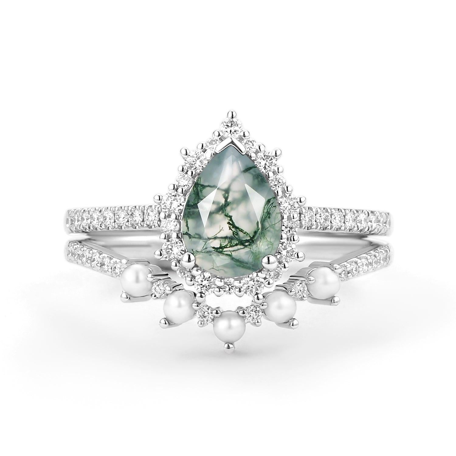 Ophelia Halo Pear Shaped Moss Agate Pearl Ring Set 2pcs.