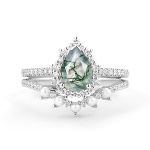 Ophelia Halo Pear Shaped Moss Agate Pearl Ring Set 2pcs.