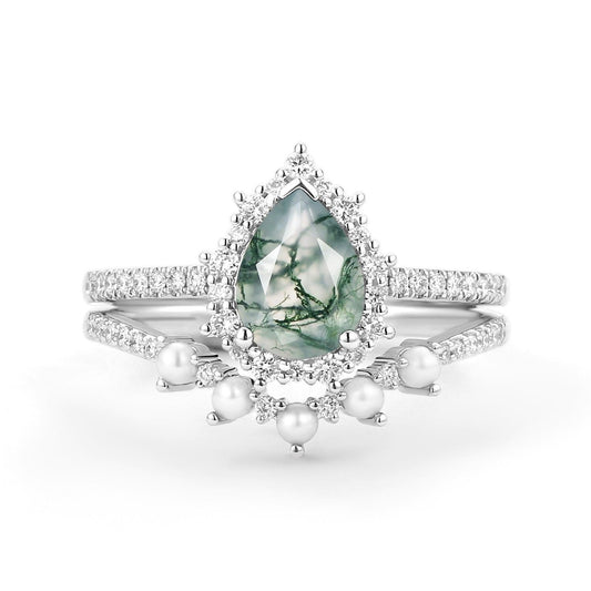 Ophelia Halo Pear Shaped Moss Agate Pearl Ring Set 2pcs.