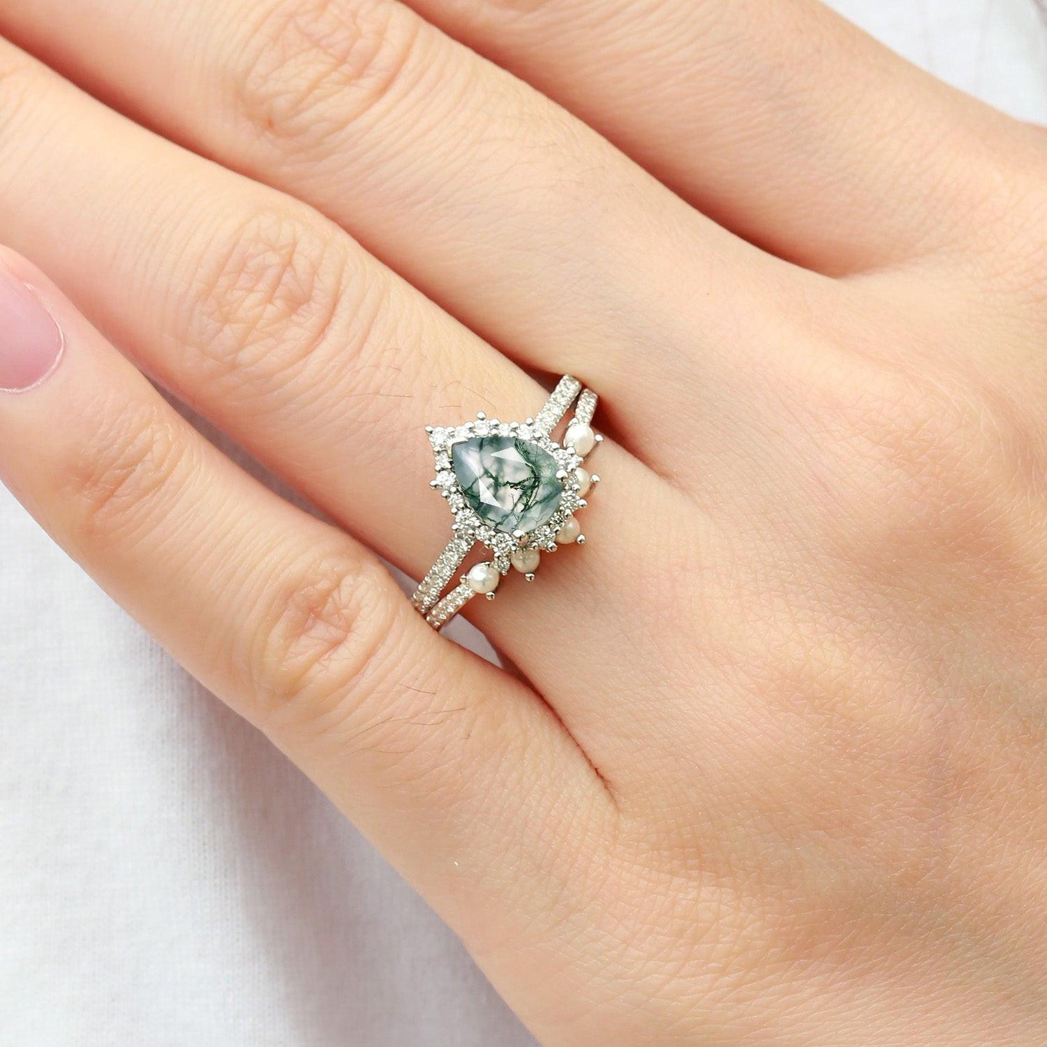 Ophelia Halo Pear Shaped Moss Agate Pearl Ring Set 2pcs.