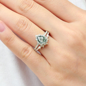 Ophelia Halo Pear Shaped Moss Agate Pearl Ring Set 2pcs.