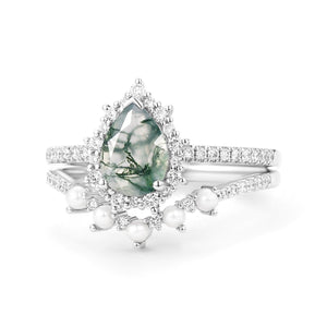 Ophelia Halo Pear Shaped Moss Agate Pearl Ring Set 2pcs.