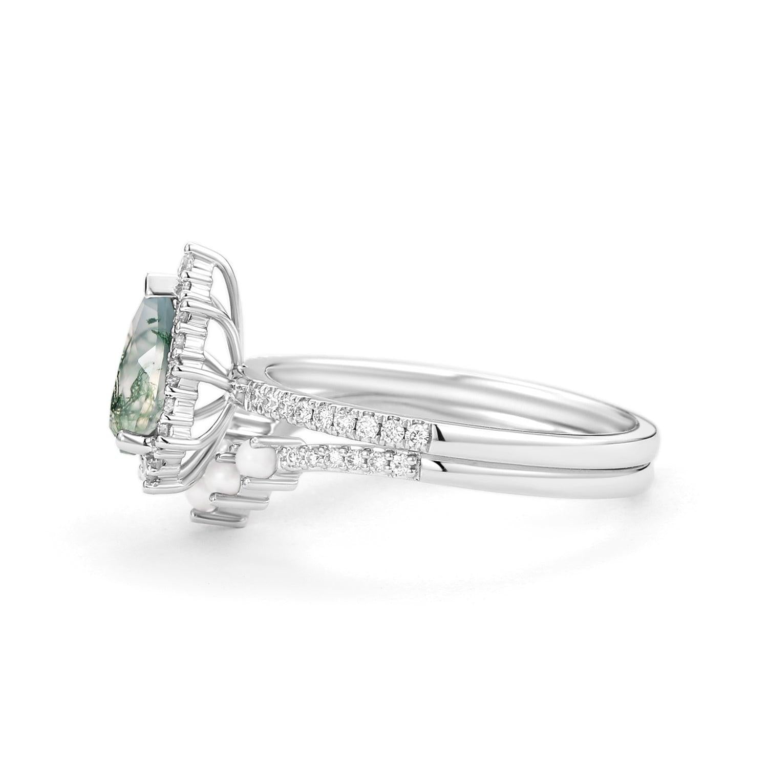 Ophelia Halo Pear Shaped Moss Agate Pearl Ring Set 2pcs.