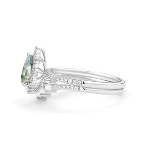 Ophelia Halo Pear Shaped Moss Agate Pearl Ring Set 2pcs.