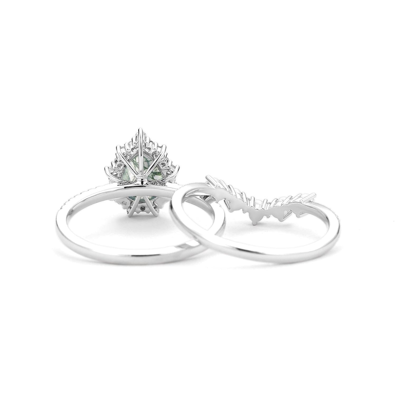 Ophelia Halo Pear Shaped Moss Agate Pearl Ring Set 2pcs.