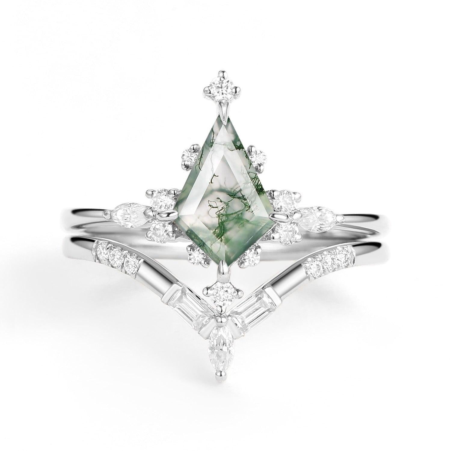 Isla Unique Moss Agate Star Kite Engagement Ring Set 2pcs.