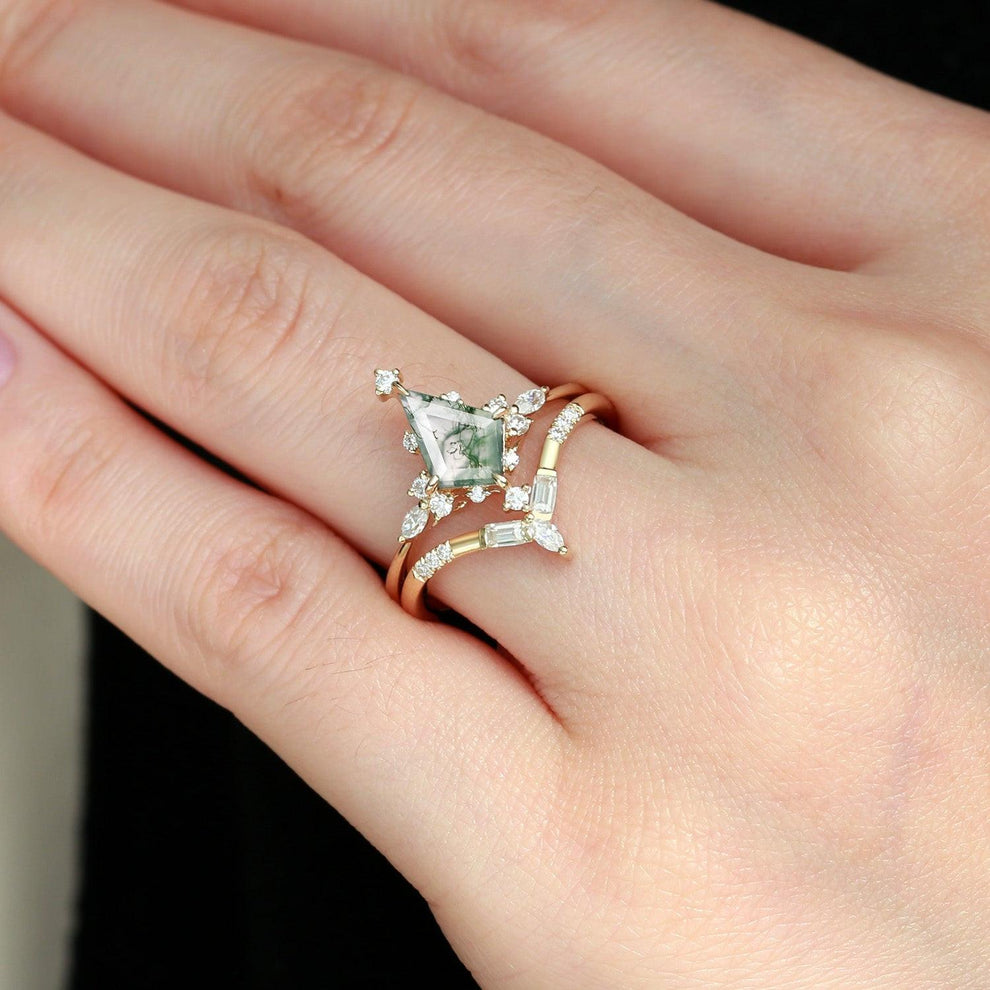 Isla Unique Moss Agate Star Kite Engagement Ring Set 2pcs.