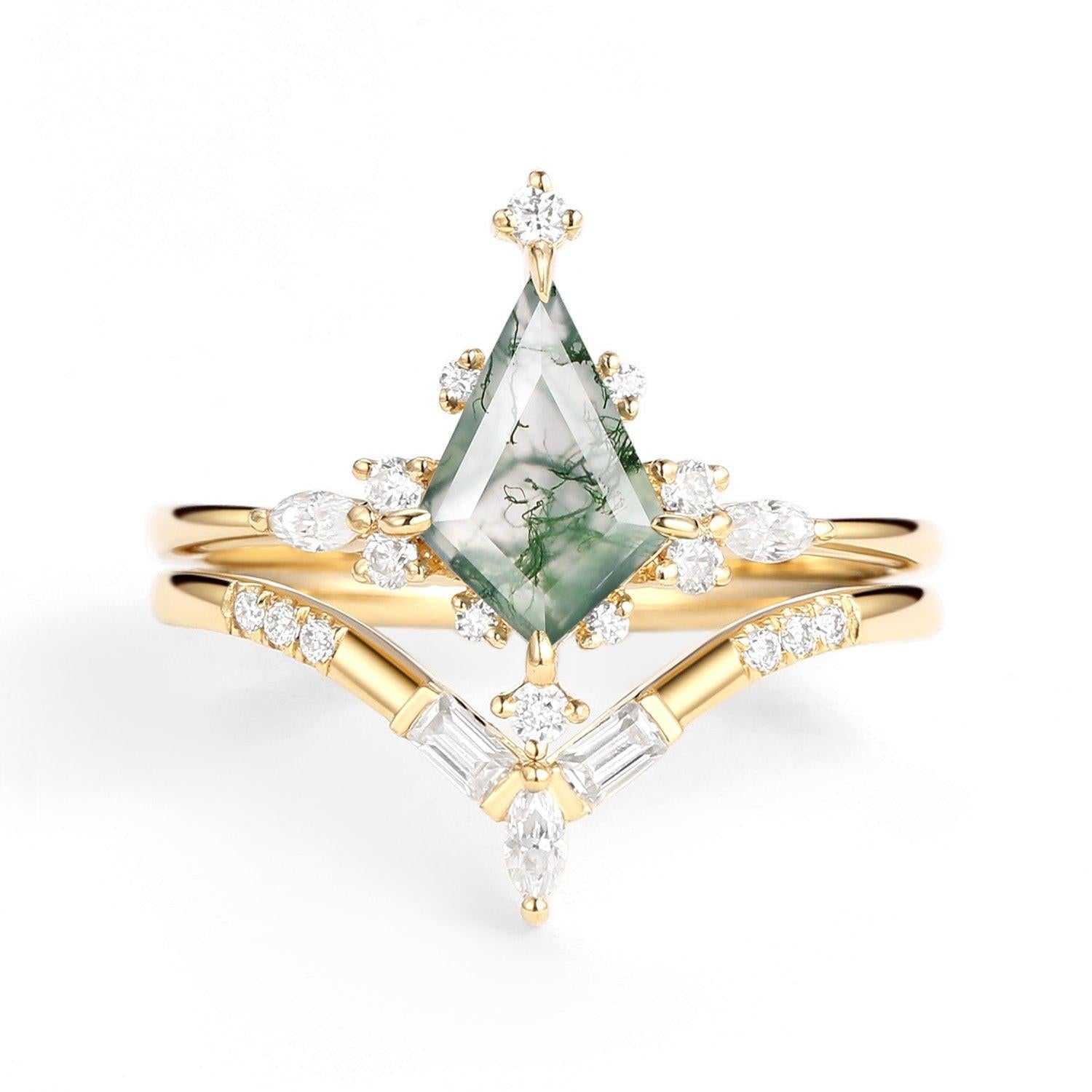 Isla Unique Moss Agate Star Kite Engagement Ring Set 2pcs.