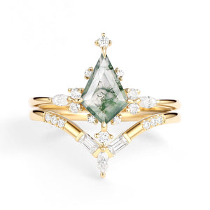 Isla Unique Moss Agate Star Kite Engagement Ring Set 2pcs.