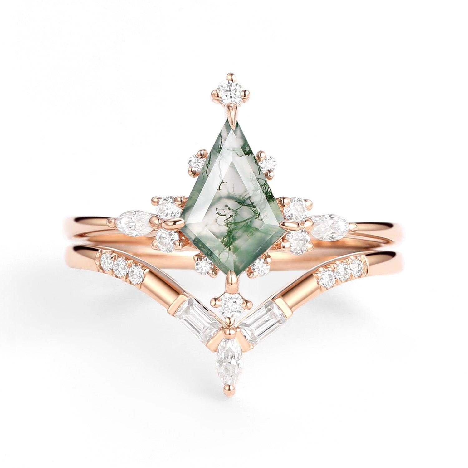 Isla Unique Moss Agate Star Kite Engagement Ring Set 2pcs.