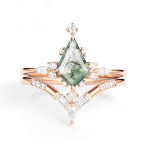 Isla Unique Moss Agate Star Kite Engagement Ring Set 2pcs.