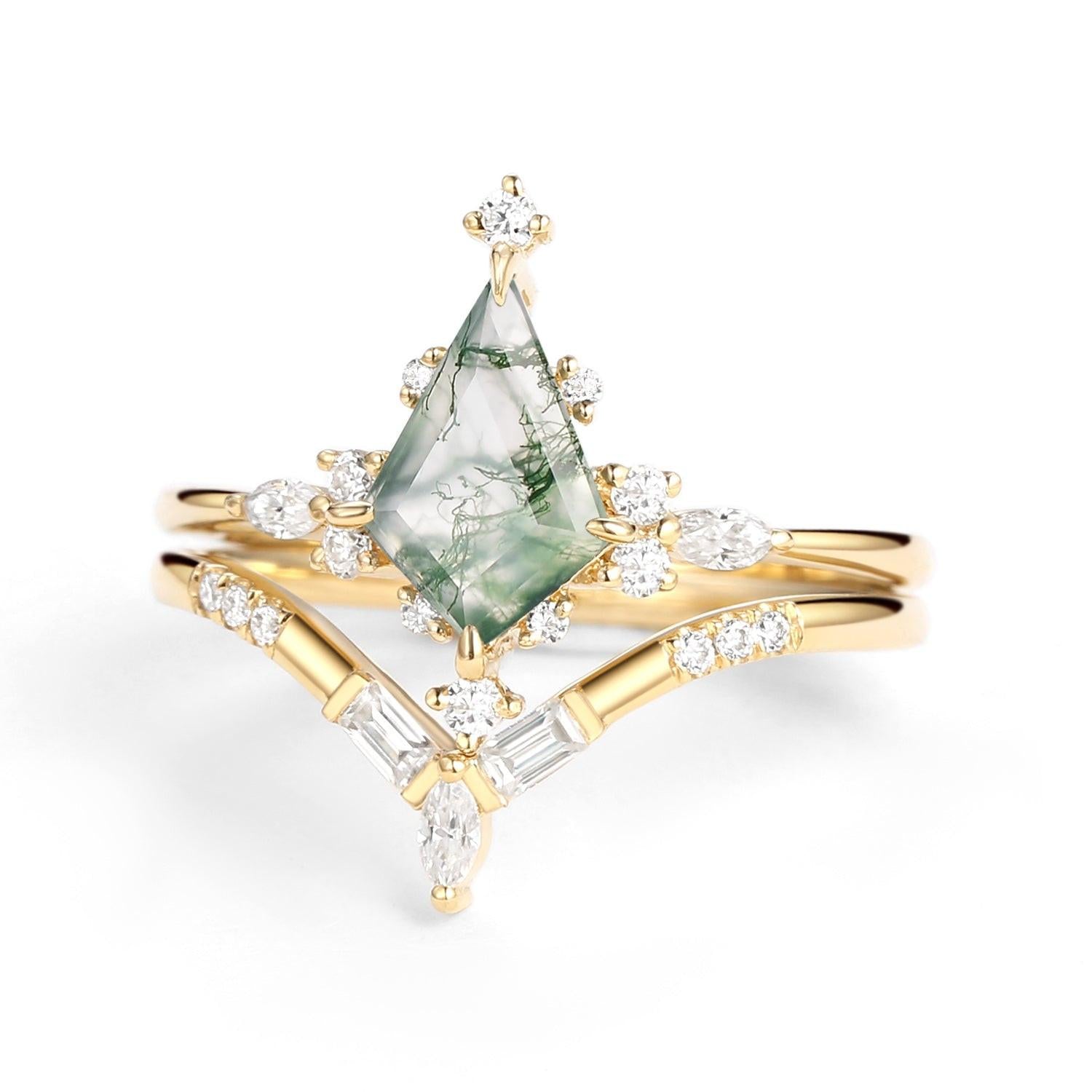 Isla Unique Moss Agate Star Kite Engagement Ring Set 2pcs.