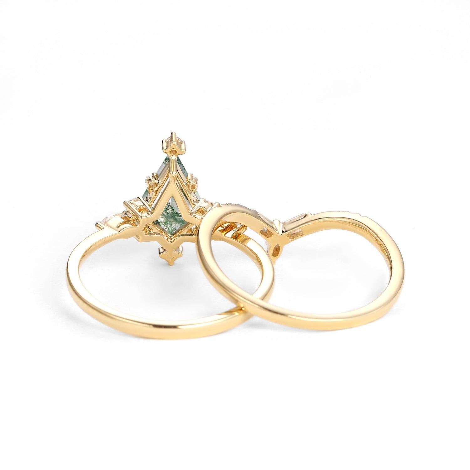 Isla Unique Moss Agate Star Kite Engagement Ring Set 2pcs.