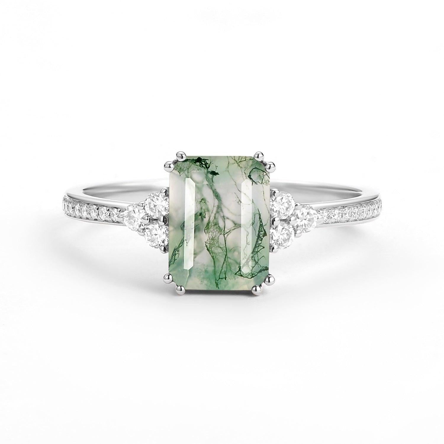 Classic Emerald Cut Moss Agate & Moissanite Cluster Engagement Ring.
