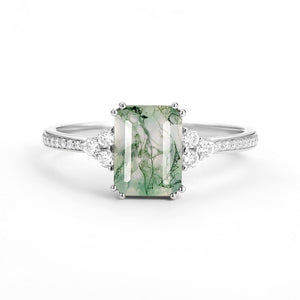 Classic Emerald Cut Moss Agate & Moissanite Cluster Engagement Ring.