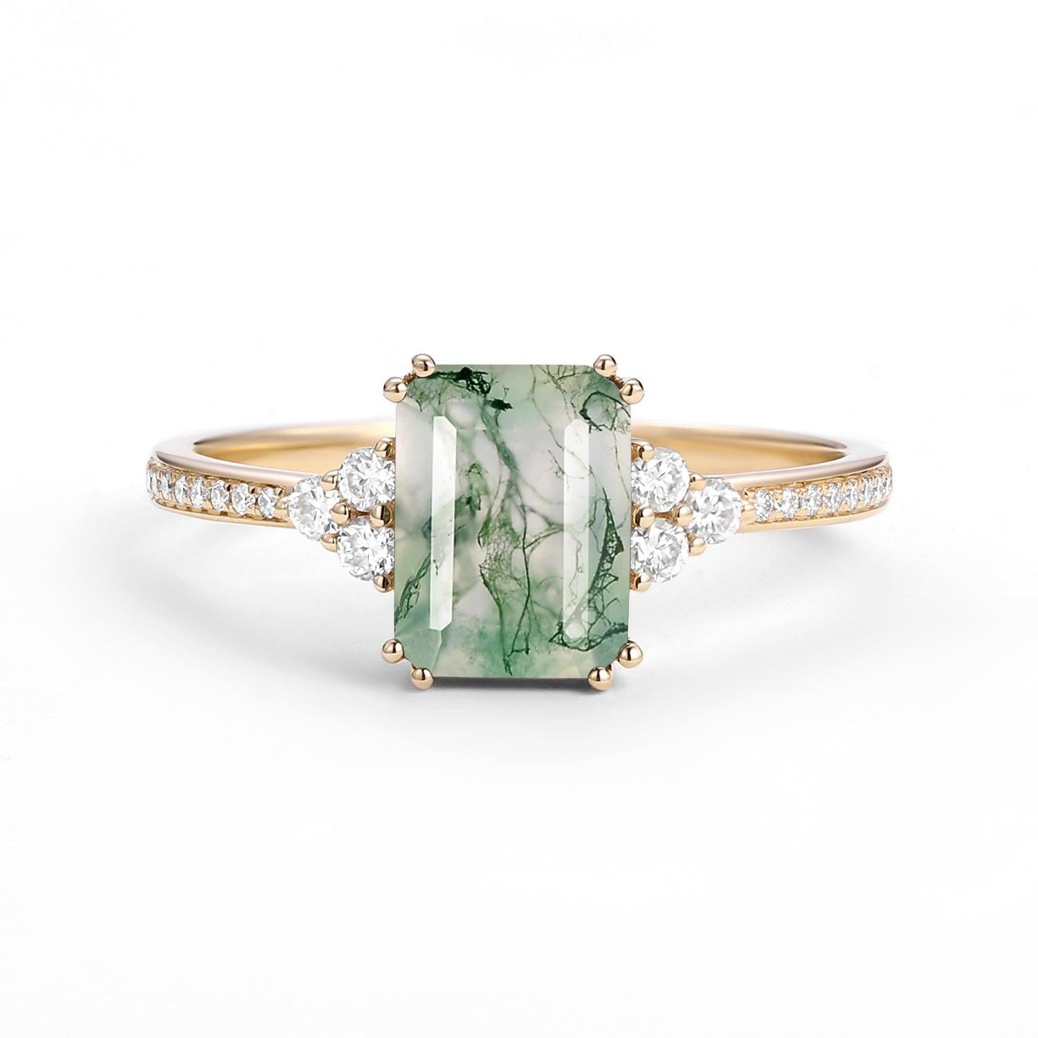 Classic Emerald Cut Moss Agate & Moissanite Cluster Engagement Ring.