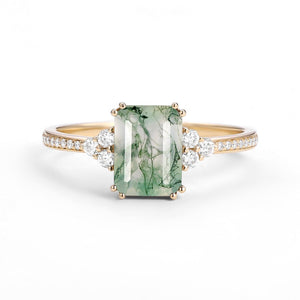 Classic Emerald Cut Moss Agate & Moissanite Cluster Engagement Ring.