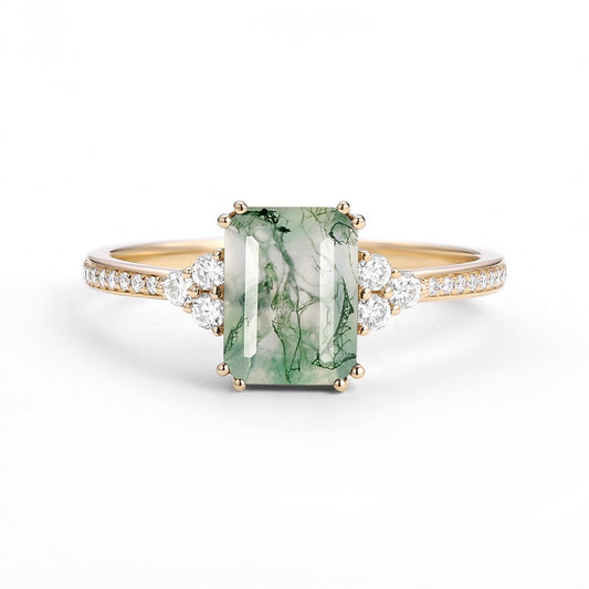 Classic Emerald Cut Moss Agate & Moissanite Cluster Engagement Ring.