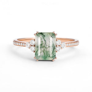 Classic Emerald Cut Moss Agate & Moissanite Cluster Engagement Ring.