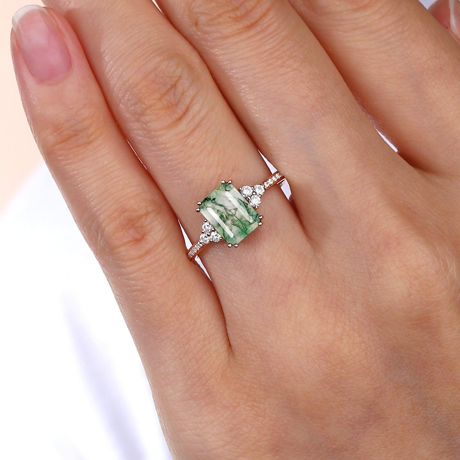 Classic Emerald Cut Moss Agate & Moissanite Cluster Engagement Ring.