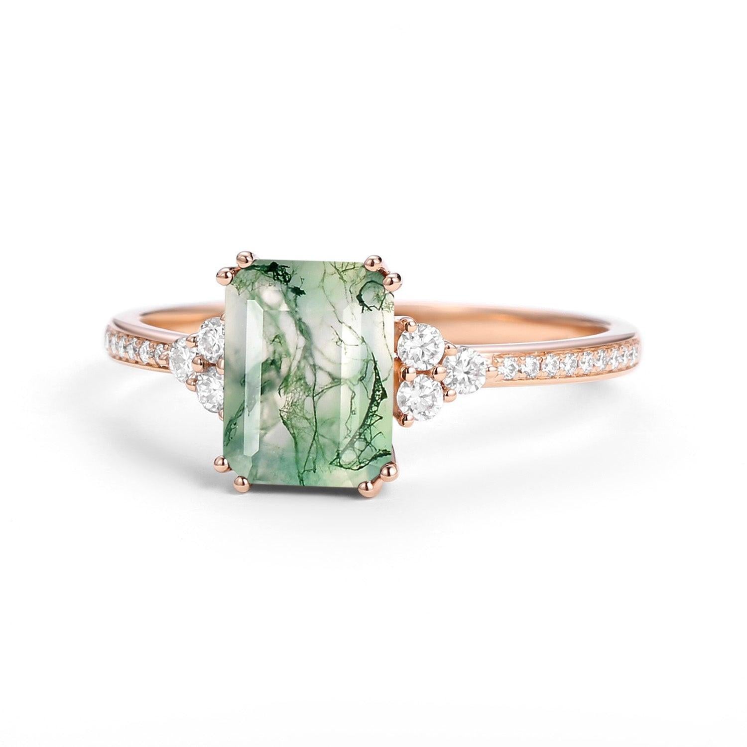 Classic Emerald Cut Moss Agate & Moissanite Cluster Engagement Ring.