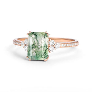 Classic Emerald Cut Moss Agate & Moissanite Cluster Engagement Ring.