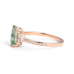 Classic Emerald Cut Moss Agate & Moissanite Cluster Engagement Ring.