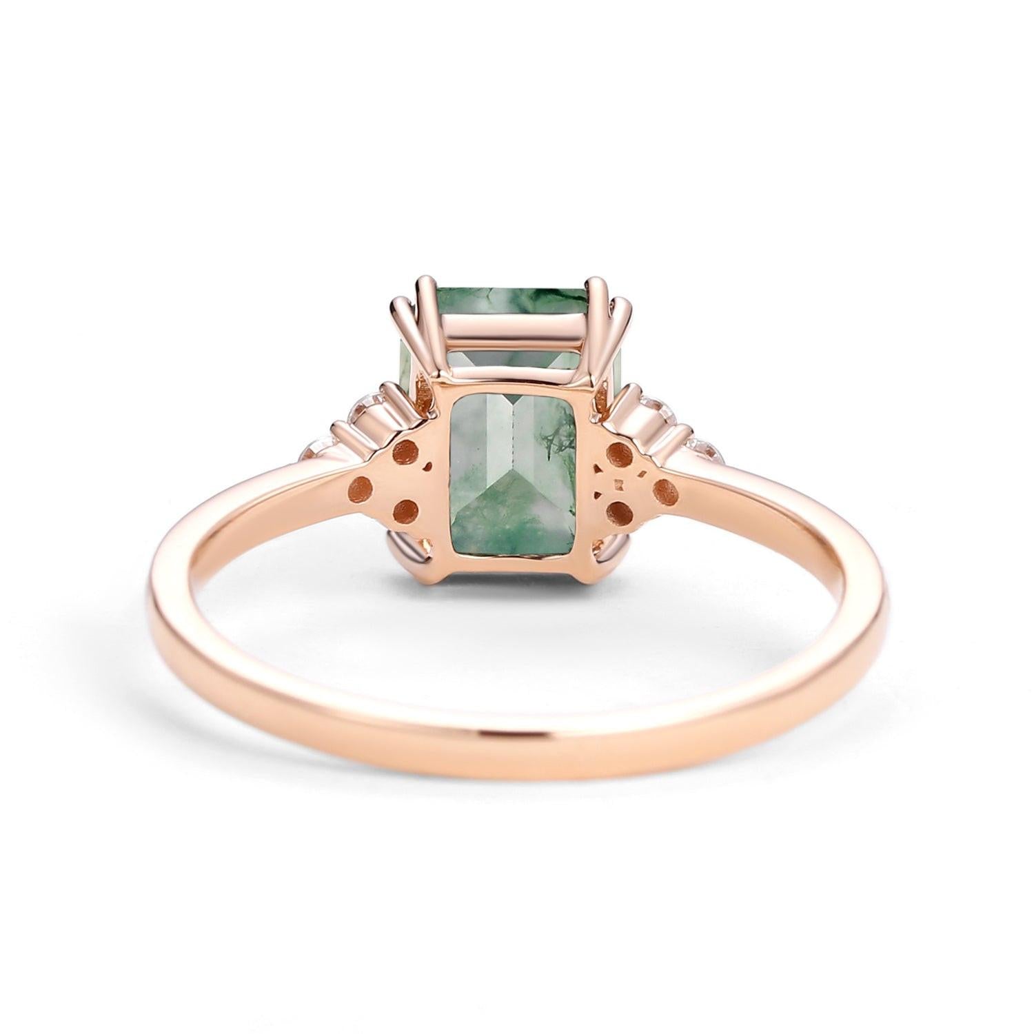 Classic Emerald Cut Moss Agate & Moissanite Cluster Engagement Ring.