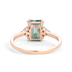 Classic Emerald Cut Moss Agate & Moissanite Cluster Engagement Ring.