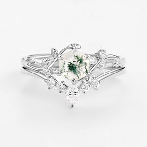 Willow Perfect Hexagon Cut Moss Agate Engagement Ring Set 2pcs.