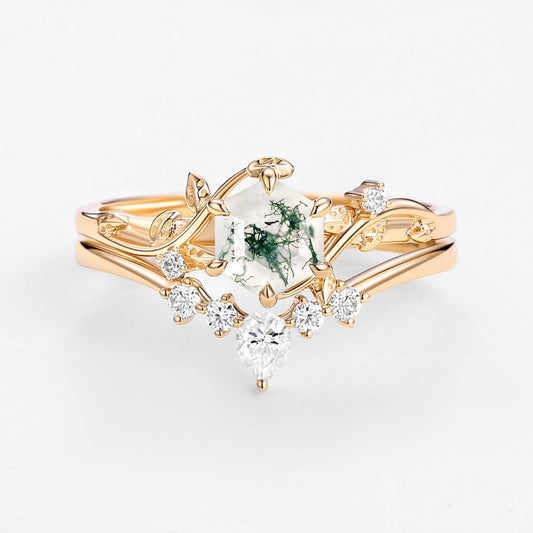 Willow Perfect Hexagon Cut Moss Agate Engagement Ring Set 2pcs.