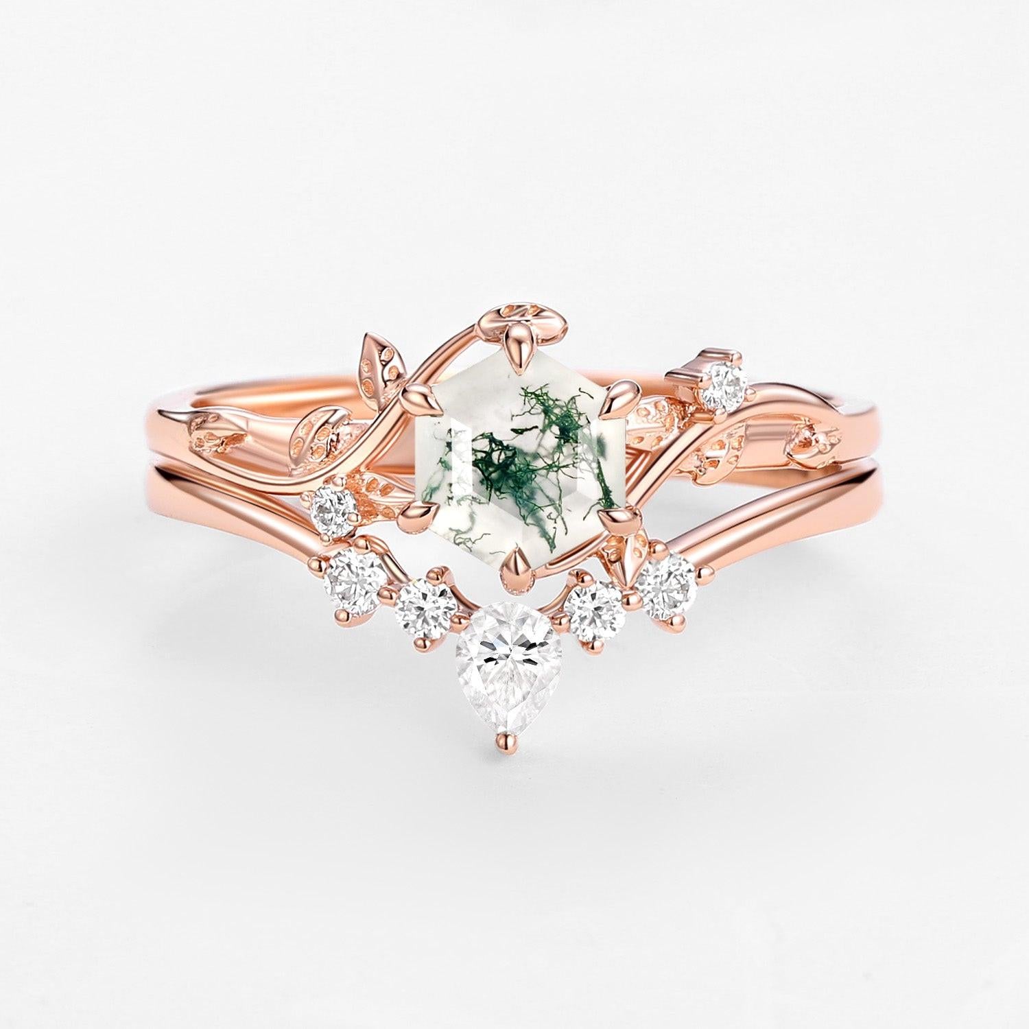 Willow Perfect Hexagon Cut Moss Agate Engagement Ring Set 2pcs.