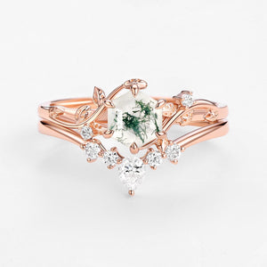 Willow Perfect Hexagon Cut Moss Agate Engagement Ring Set 2pcs.