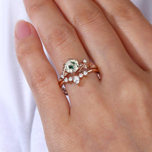 Willow Perfect Hexagon Cut Moss Agate Engagement Ring Set 2pcs.