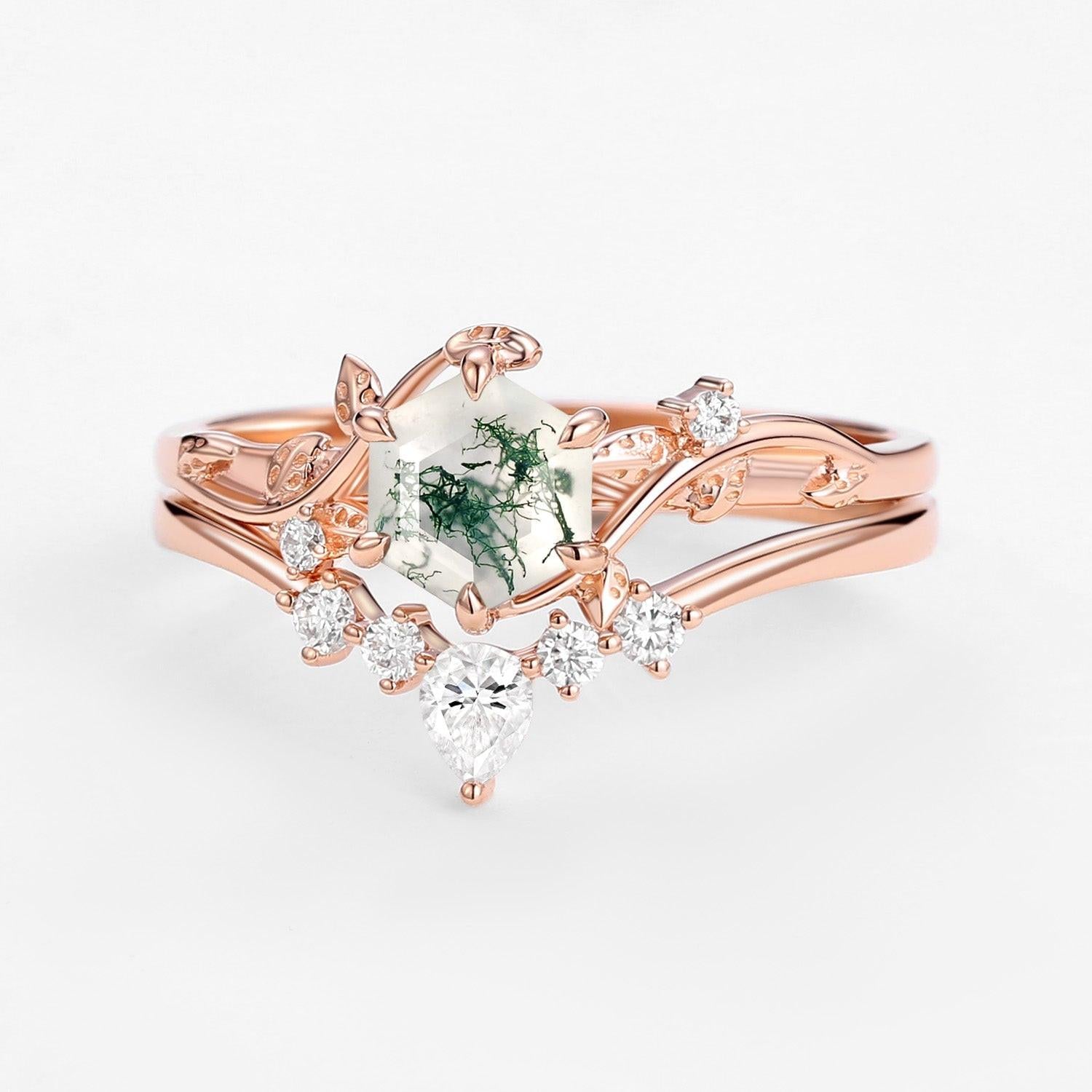 Willow Perfect Hexagon Cut Moss Agate Engagement Ring Set 2pcs.