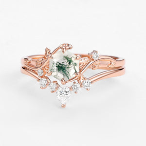 Willow Perfect Hexagon Cut Moss Agate Engagement Ring Set 2pcs.