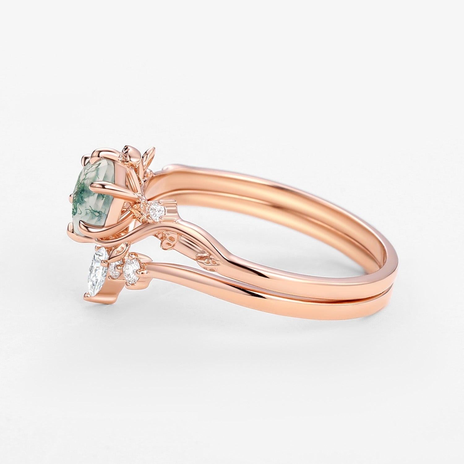 Willow Perfect Hexagon Cut Moss Agate Engagement Ring Set 2pcs.