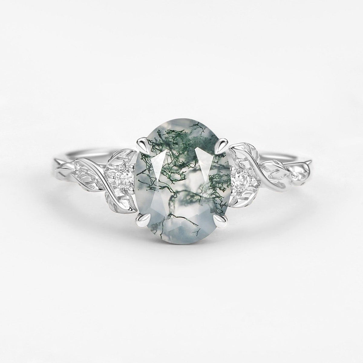 Clover Oval Shaped Moss Agate Leafy Wedding Engagement Ring.
