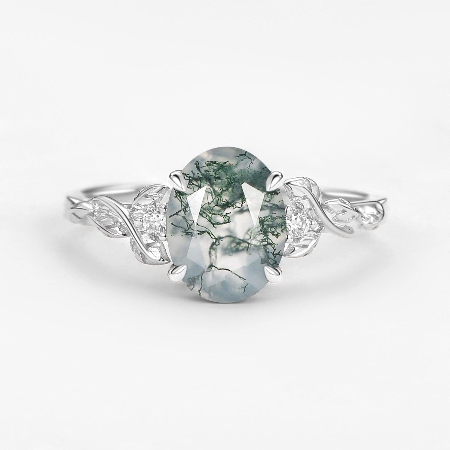 Clover Oval Shaped Moss Agate Leafy Wedding Engagement Ring.