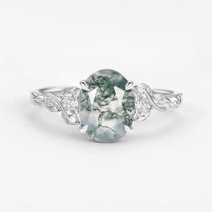Clover Oval Shaped Moss Agate Leafy Wedding Engagement Ring.